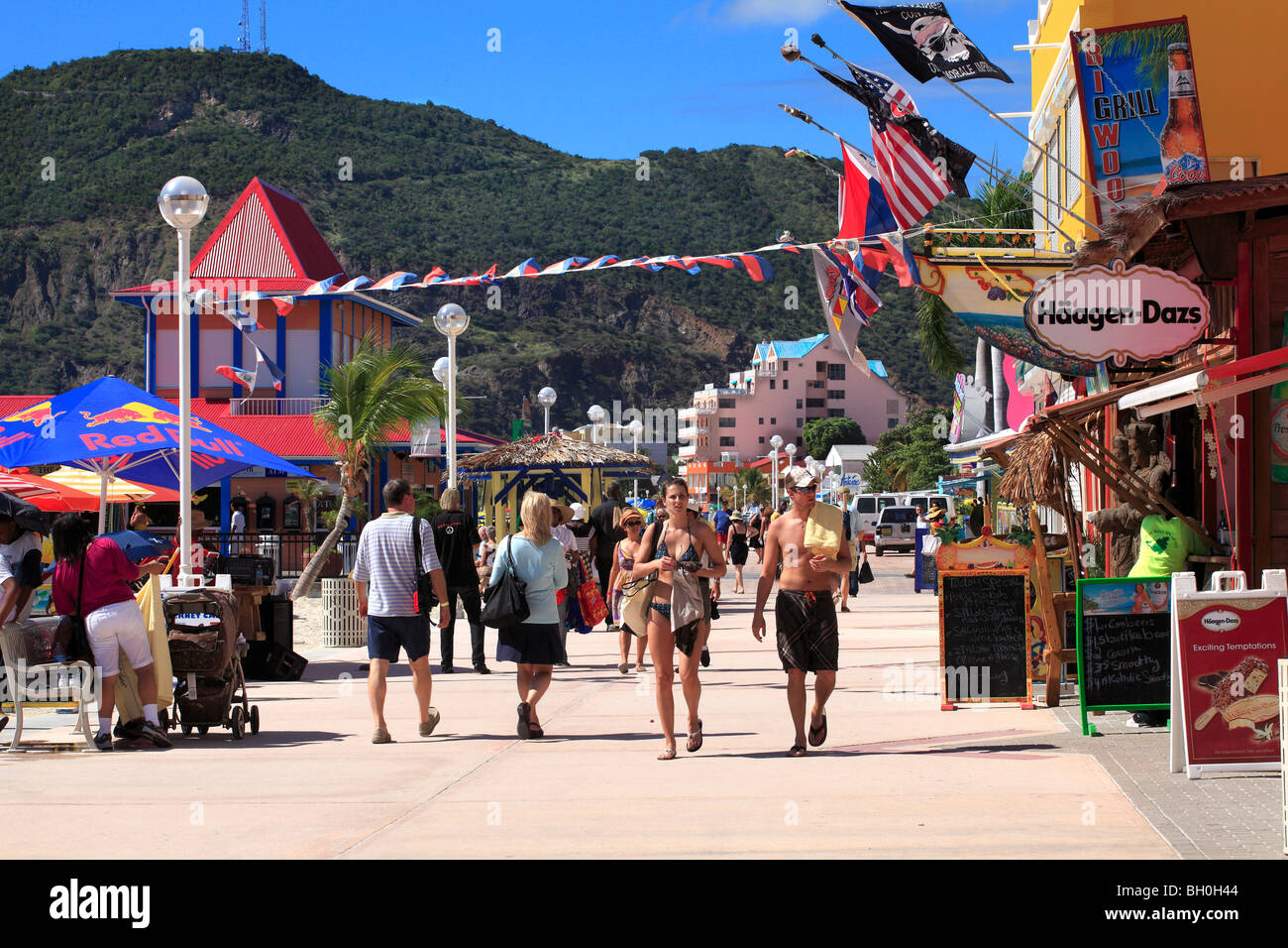 Promenade and Beach at Philipsburg in St. Maarten . Dutch Caribbean Stock Photo