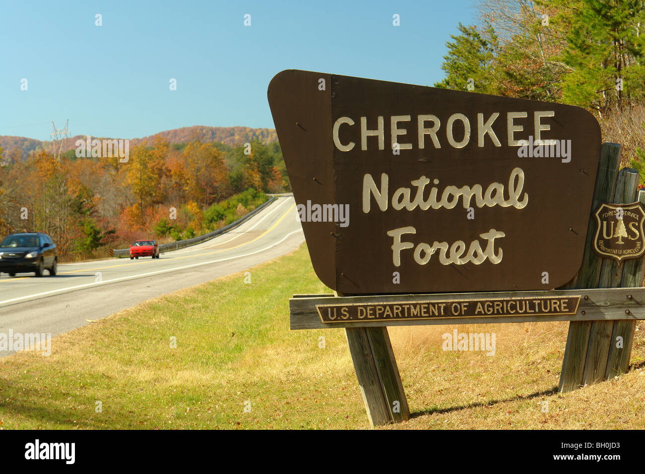 Cherokee National Forest, TN, Tennessee, entrance sign, autumn Stock Photo