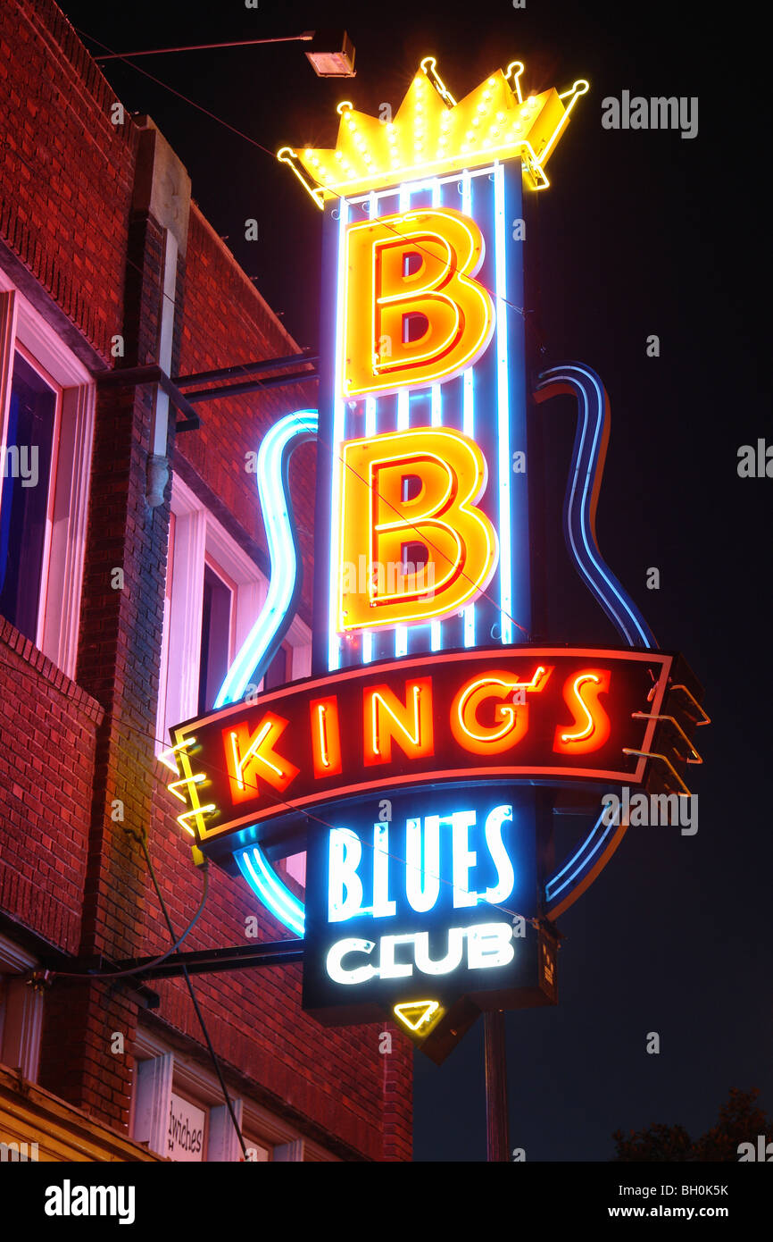 Memphis, TN, Tennessee, Downtown, BB Kings Blues Club, Beale Street, evening, neon sign, entertainment district Stock Photo
