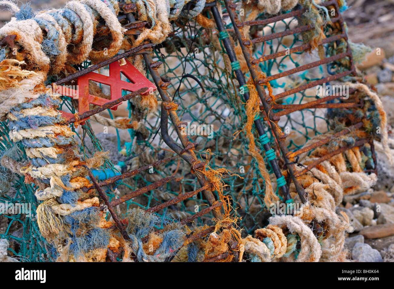 Detail on a broken lobster pot washed up on a beach Stock Photo
