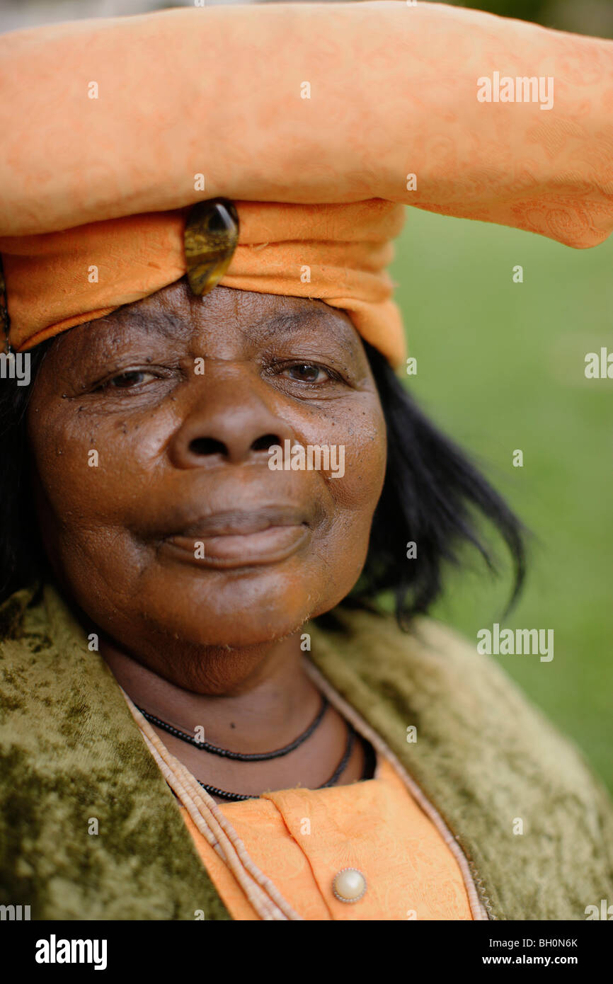 Herero Woman in traditional clothes, Windhoek, Namibia, Africa Stock Photo