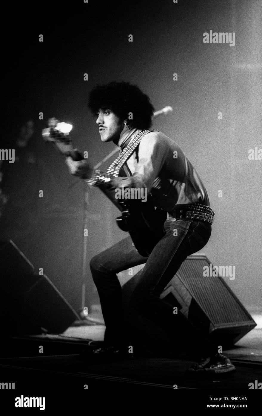 Irish Hard Rock Band Thin Lizzy with front man Phil Lynott on The Black Rose Tour in 1979 Stock Photo