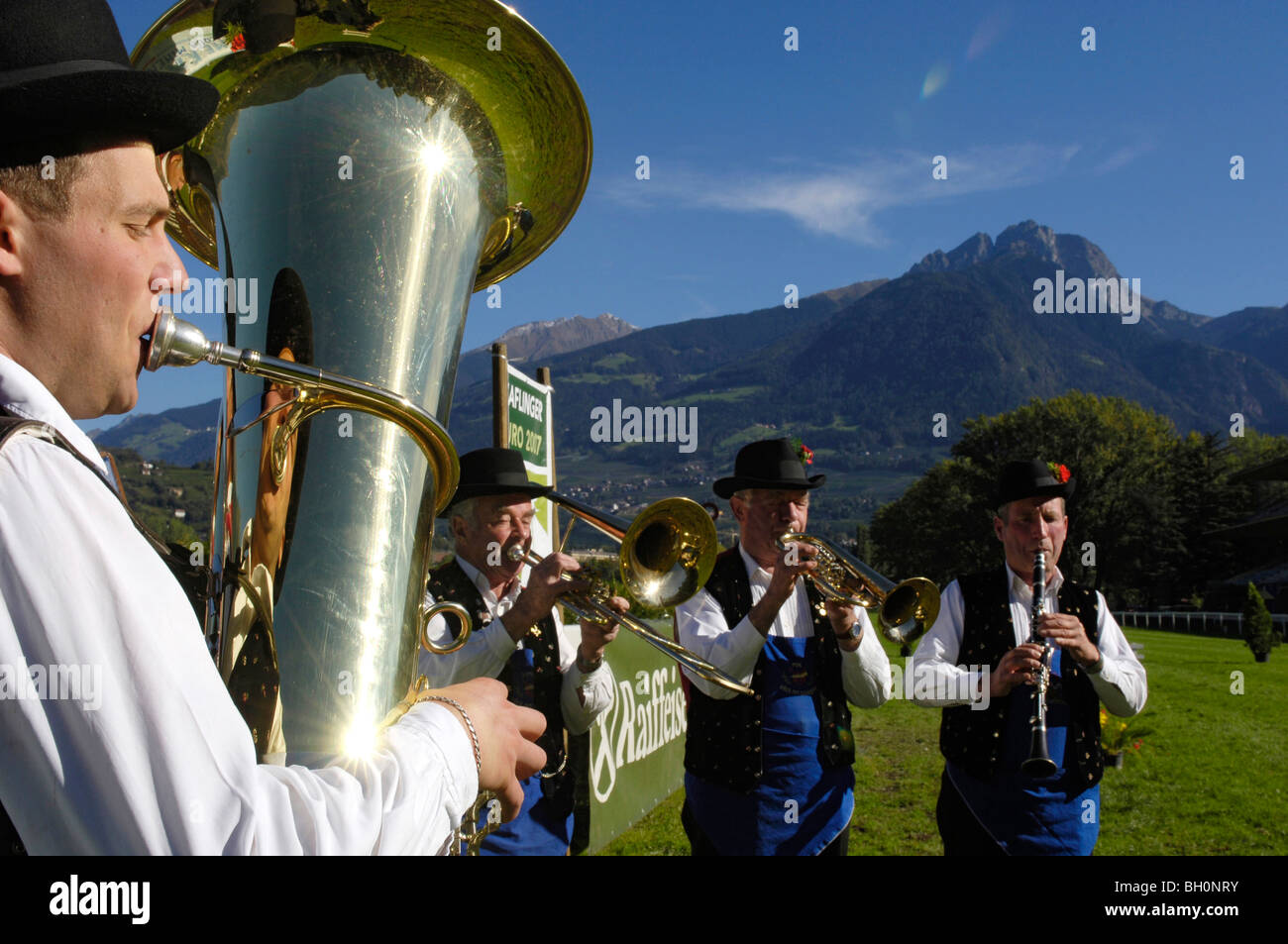 Musicians with brass instruments, tuba, Traditional clothes, Voels am