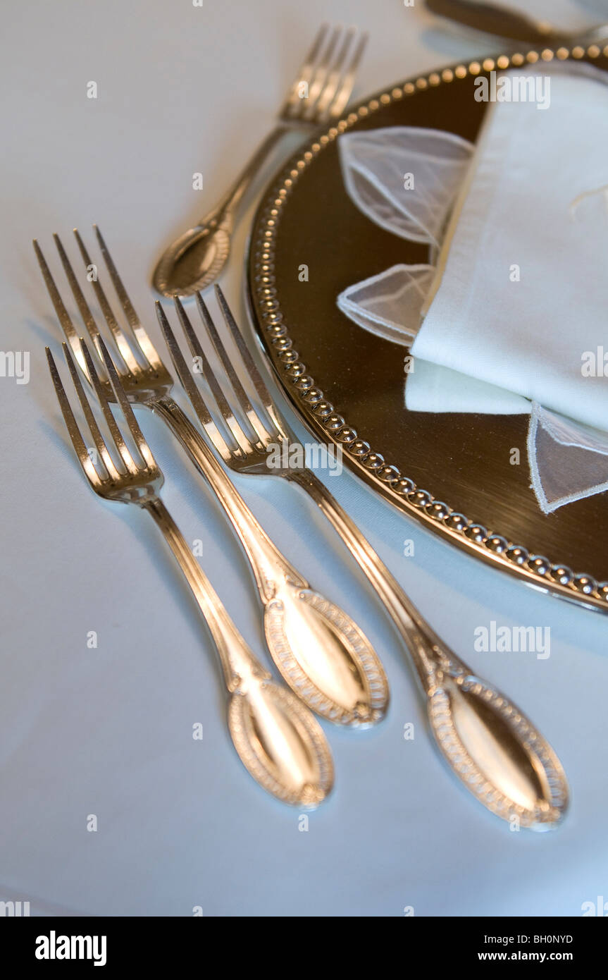Detail of forks and plates, restaurant Trenkerstube, Hotel Castel, Dorf Tirol near Meran, South Tyrol, Italy Stock Photo
