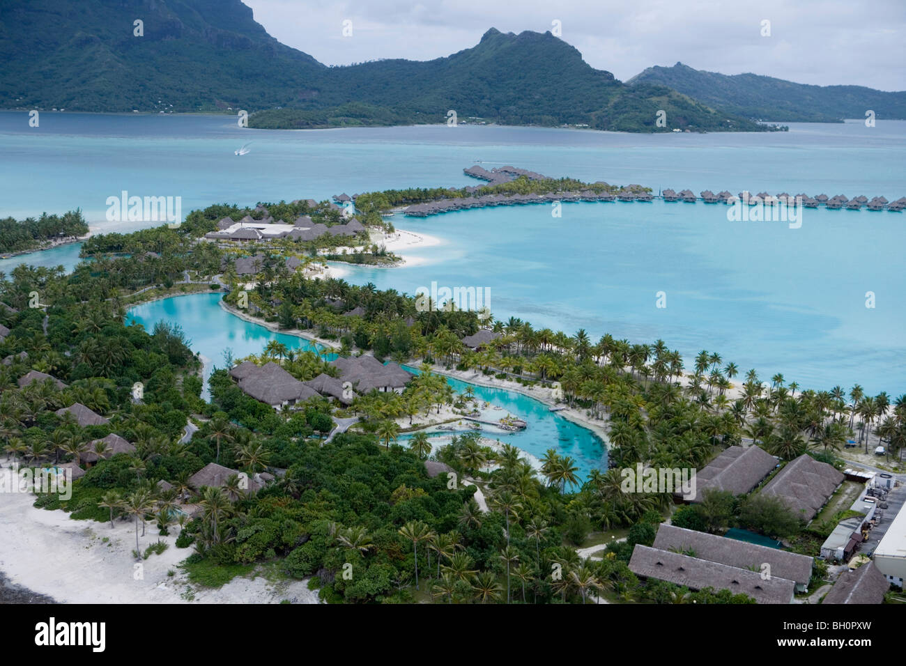 Aerial view of hotel complex with many bungalows, Bora Bora, Society Islands, French Polynesia, South Pacific, Oceania Stock Photo
