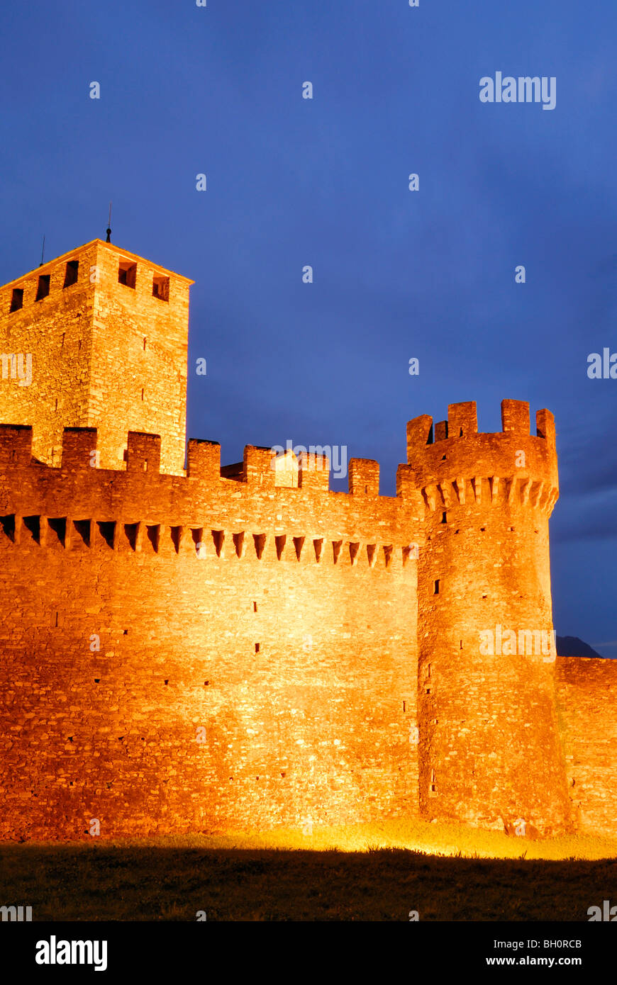 Illuminated castle Castello di Montebello in UNESCO World Heritage Site