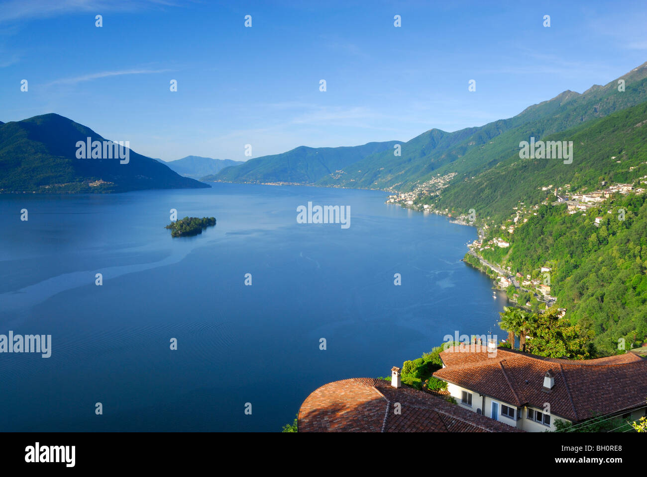 Lake Maggiore with isle of Brissago, Isole di Brissago, Ronco sopra Ascona, lake Maggiore, Lago Maggiore, Ticino, Switzerland Stock Photo