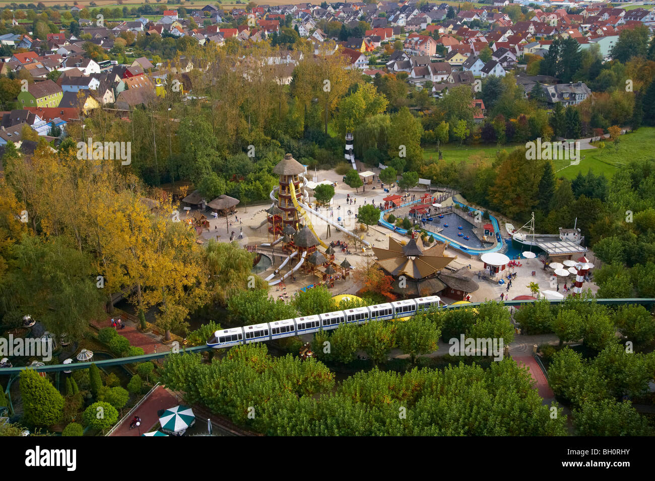 View over the  Europapark Rust with Rust towards the Black Forest, Autumn, Breisgau, Ortenau, Baden-Wuerttemberg, Germany, Europ Stock Photo