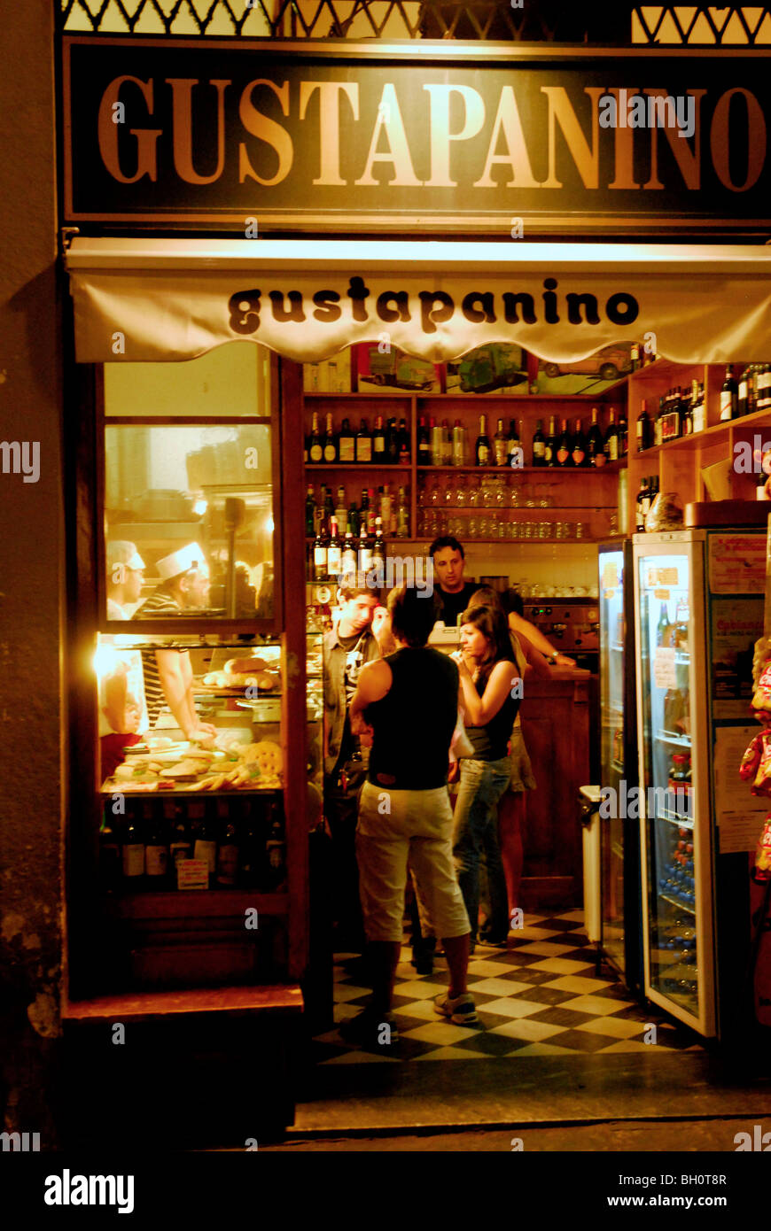 Panino shop with customers in the evening, Gustapanino, Santo Spirito, Florence, Tuscany, Italy, Europe Stock Photo