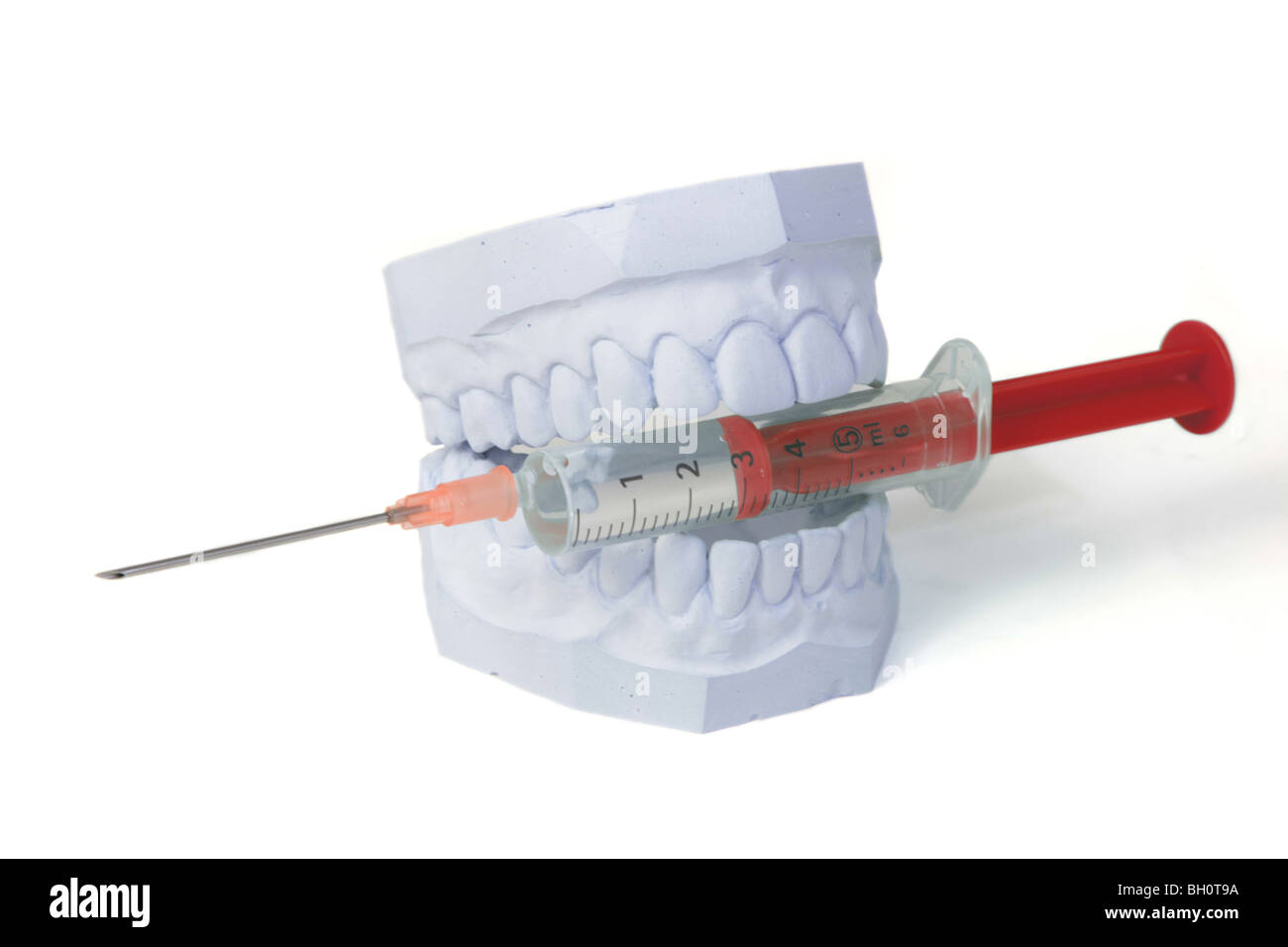A plaster cast of a set of teeth bites into a syringe. All isolated on white background. Stock Photo