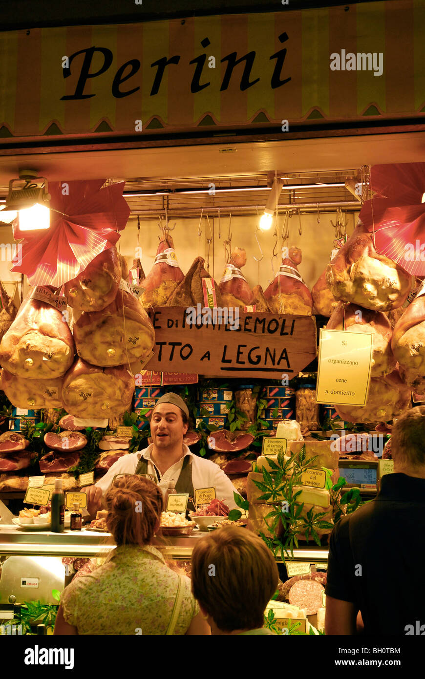 Vendor and customers at market stall Perini at Mercato Centrale, Florence, Tuscany, Italy, Europe Stock Photo