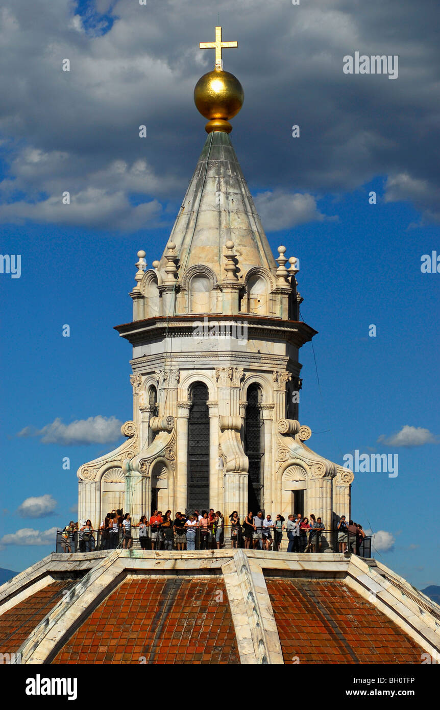 Cupola with golden cross, tourists on the viewing platform, Florence, Tuscany, Italy, Europe Stock Photo