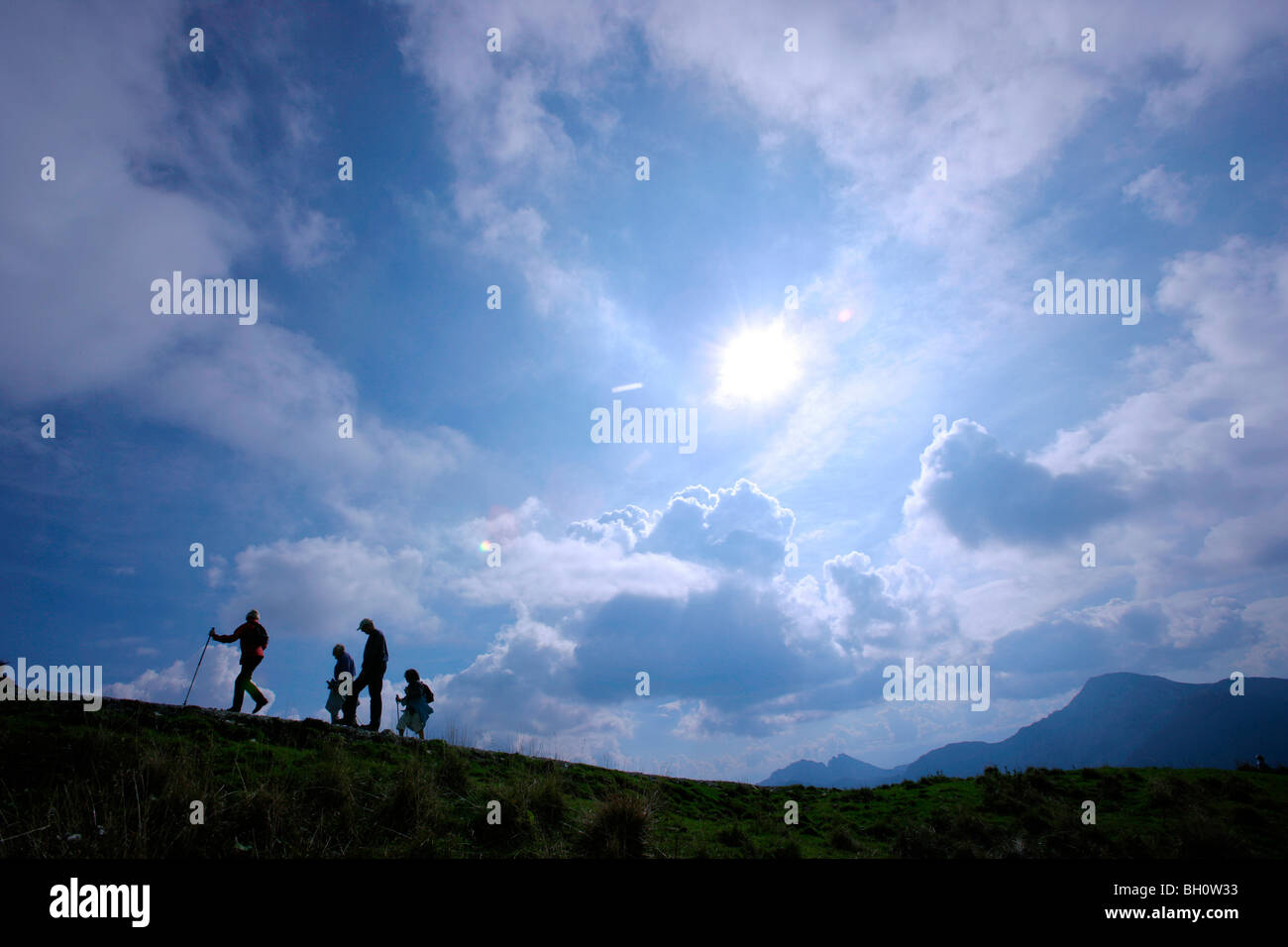 Group hikers on mount Wallberg, Tegernsee, Bavaria, Germany Stock Photo