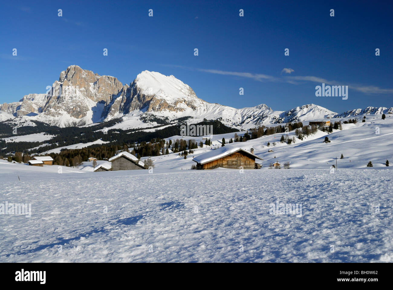 Snow-covered alpine huts, Seiser Alm, Dolomites, Trentino-Alto Adige, Suedtirol, Italy Stock Photo