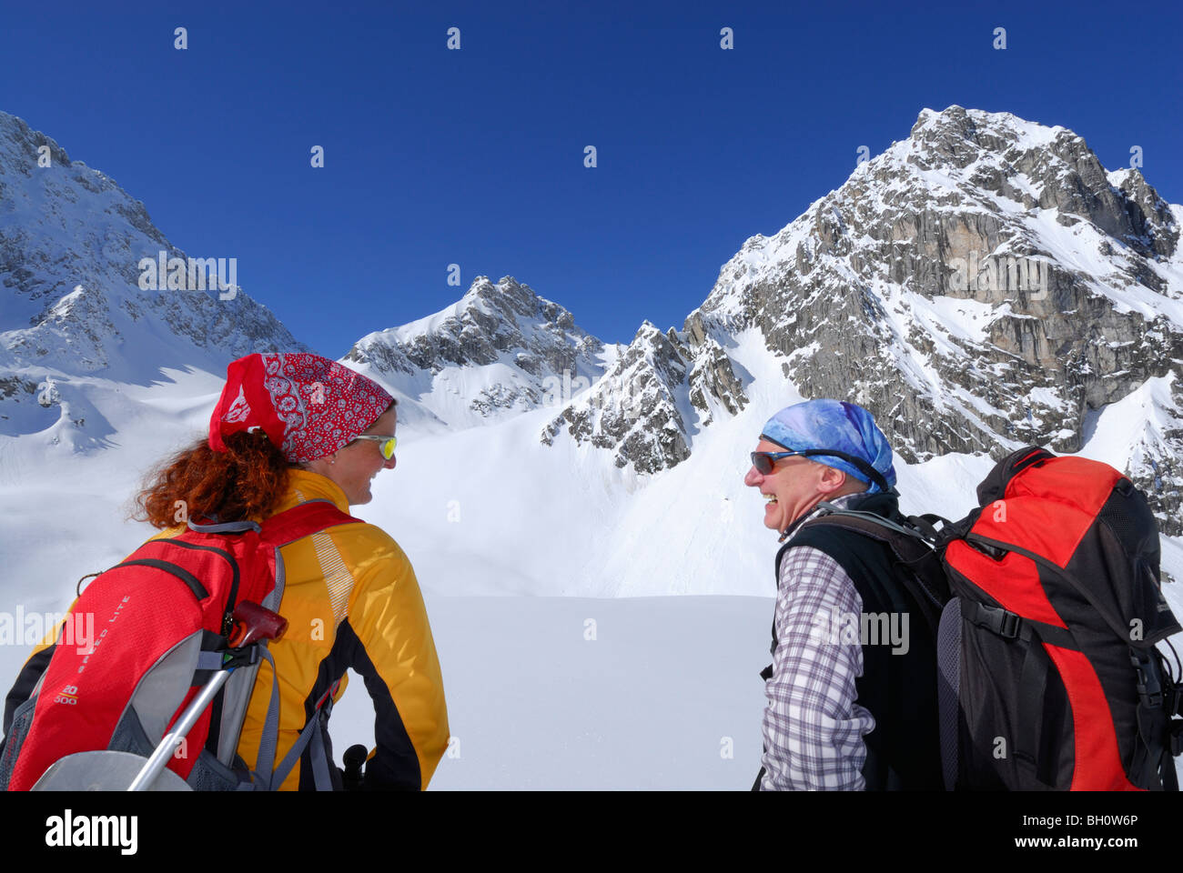 Two backcountry skiers, Tajatoerl, Mieminger range, Tyrol, Austria Stock Photo