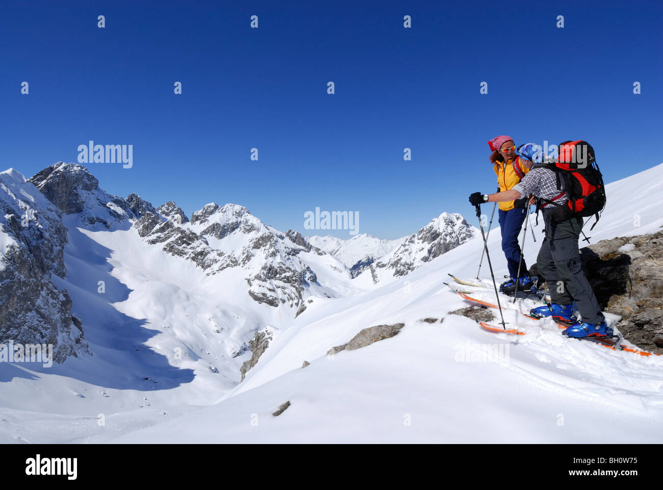 Two backcountry skiers, Tajatoerl, Mieminger range, Tyrol, Austria Stock Photo