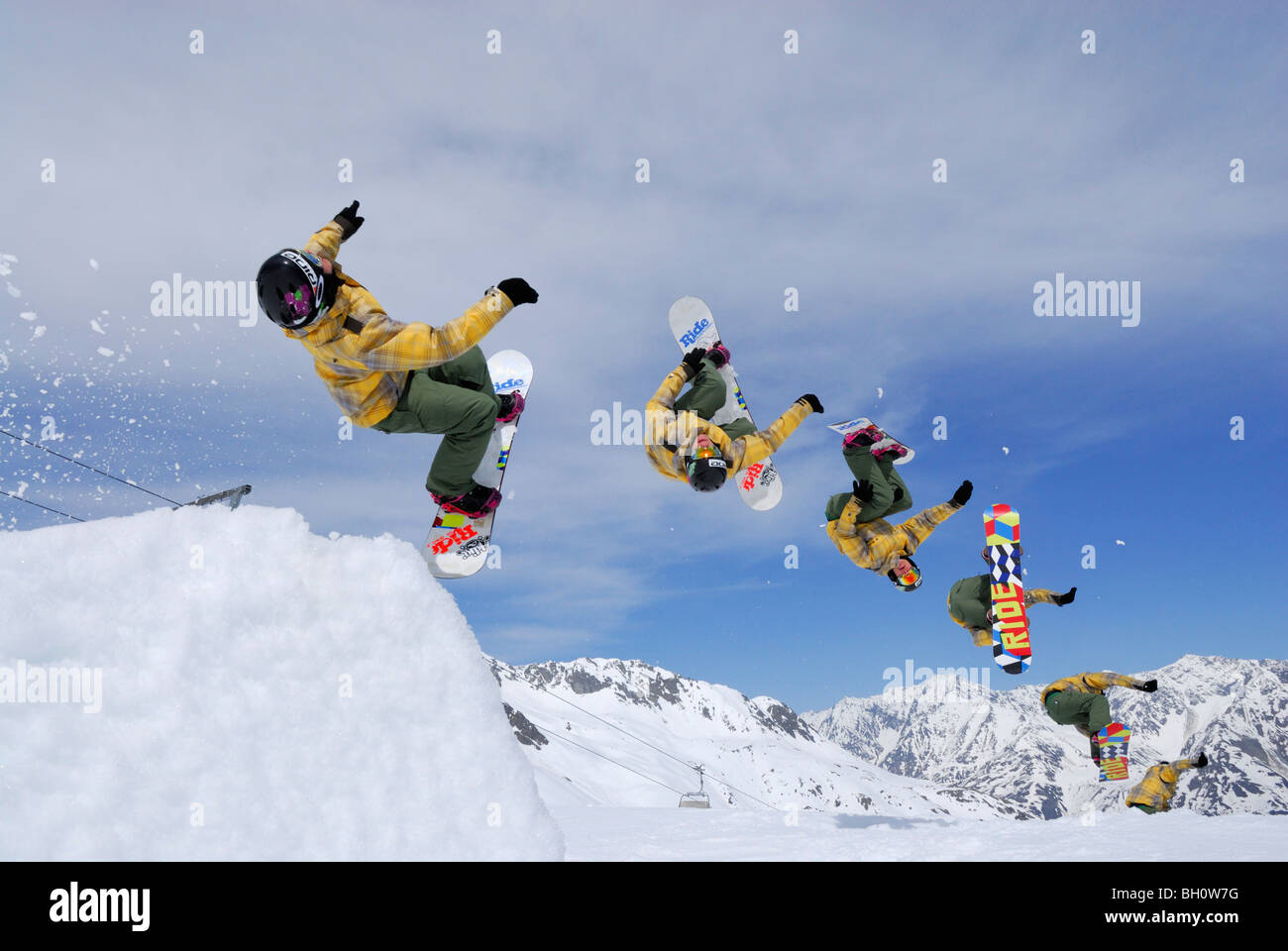 Snowboarder in mid-air, back-flip, multiple image, ski area Soelden, Oetztal, Tyrol, Austria Stock Photo
