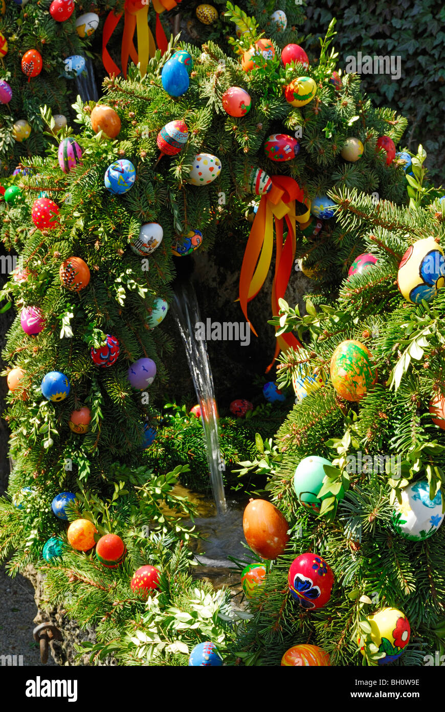 Easter decorated fountain, Goessweinstein, Upper Franconia, Bavaria, Germany Stock Photo