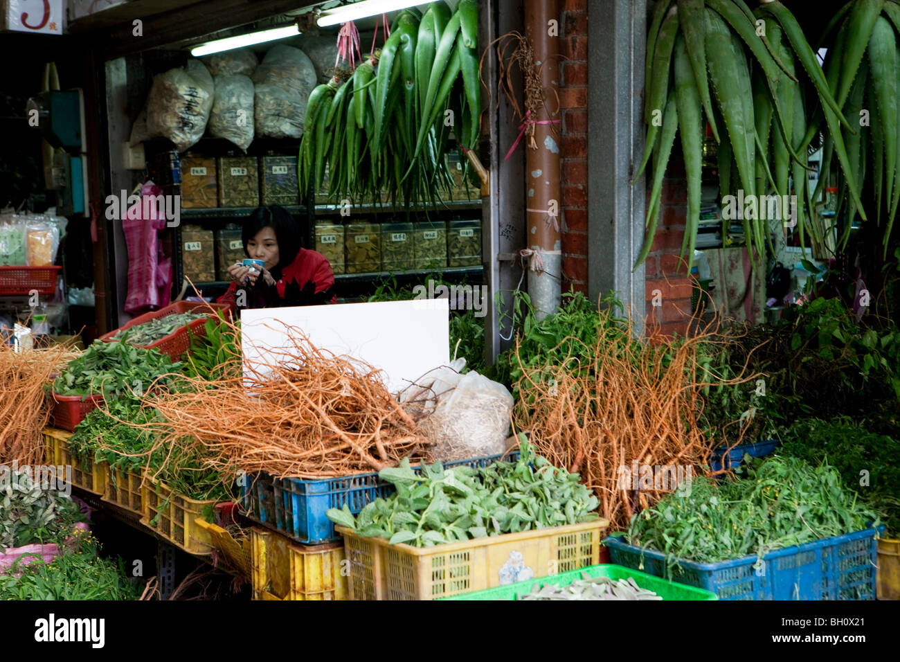 Market stand for chinese medicinal herbs at the market at the Old Town, Taipei, Taiwan, Asia Stock Photo