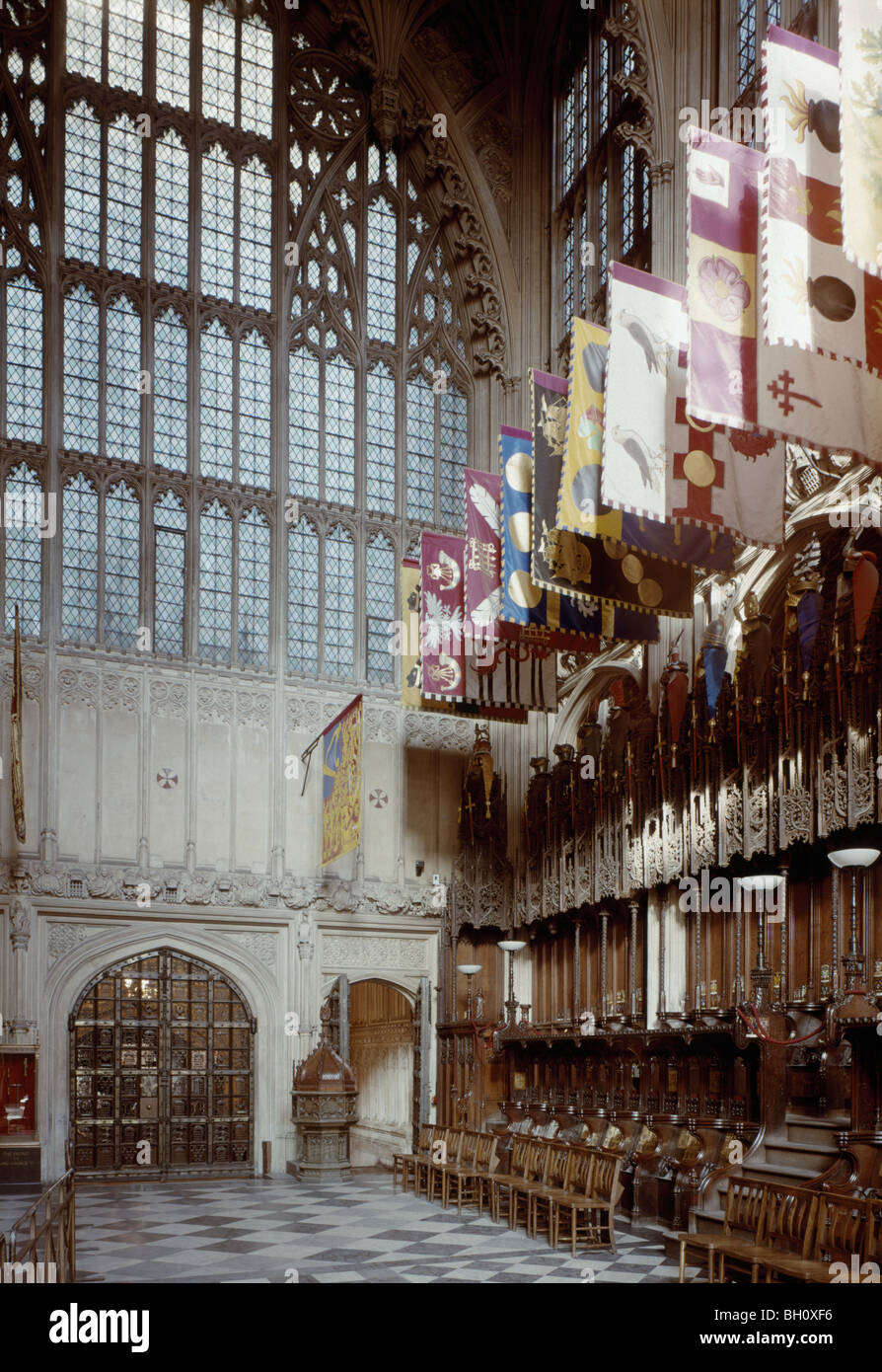 Henry VII Chapel Westminster Abbey London England  with flags of the Order of the Garter (Honi Soit Qui Mal Y Pense) Stock Photo