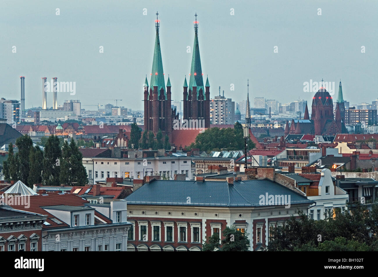 View at roofs and the steeples of St Bonifatius church, Kreuzberg, Berlin, Germany, Europe Stock Photo
