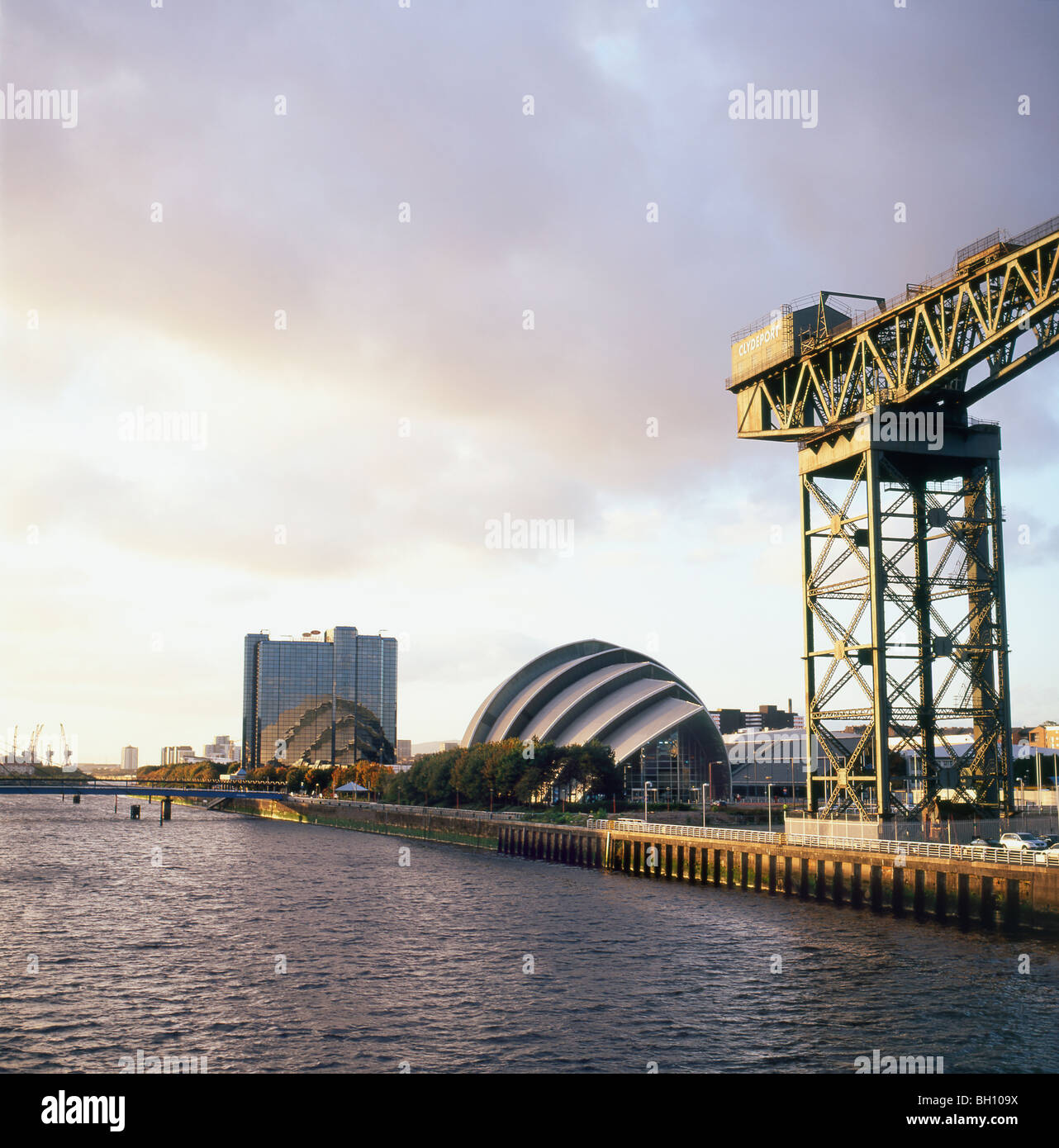 View along the River Clyde with SEC Armadillo and The Finnieston Crane Clydeside Glasgow, Scotland, UK   KATHY DEWITT Stock Photo