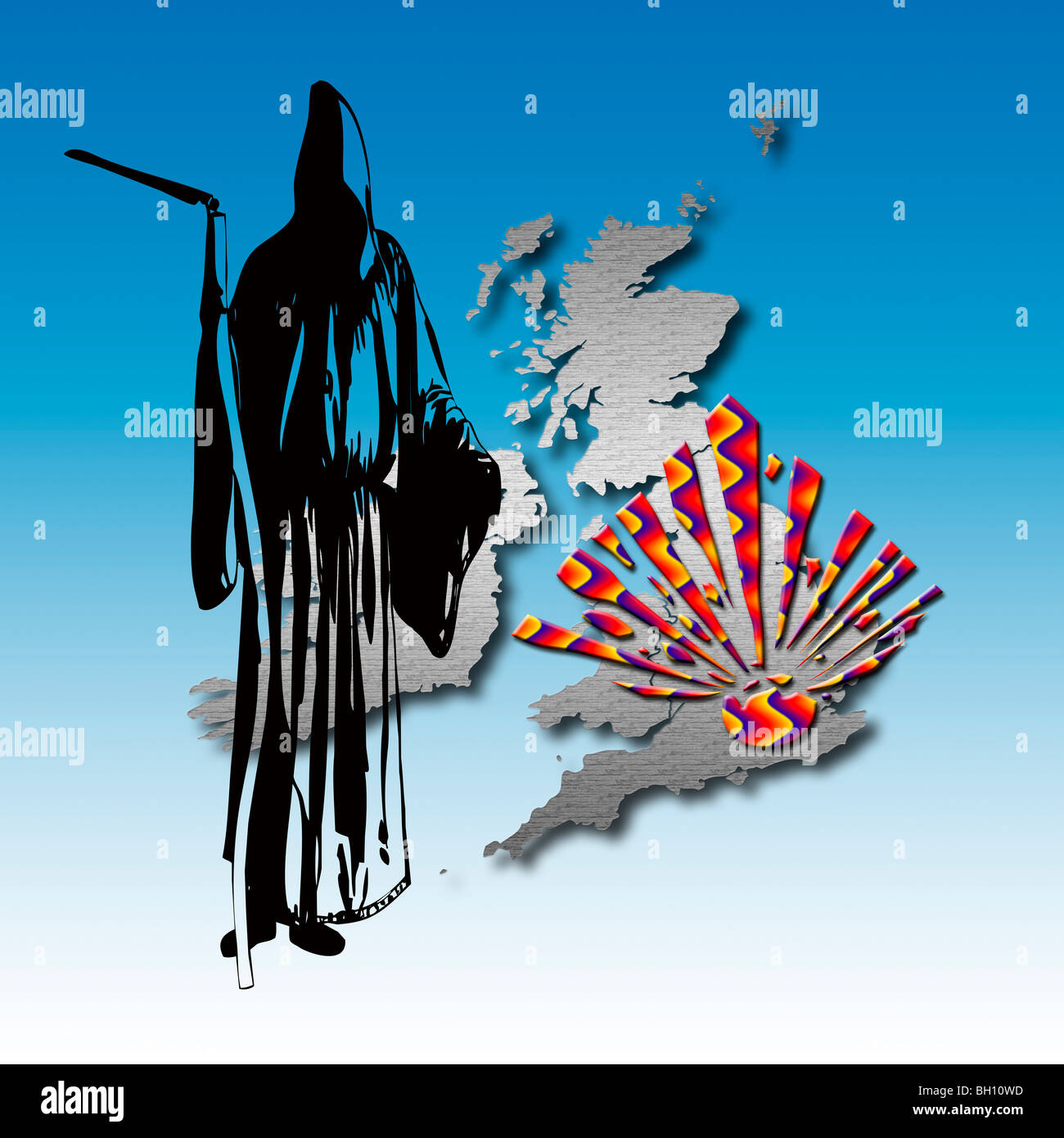 Grim Reaper! Graphical representation of a Black Silhouette of the Grim Reaper standing over an exploding United Kingdom Stock Photo