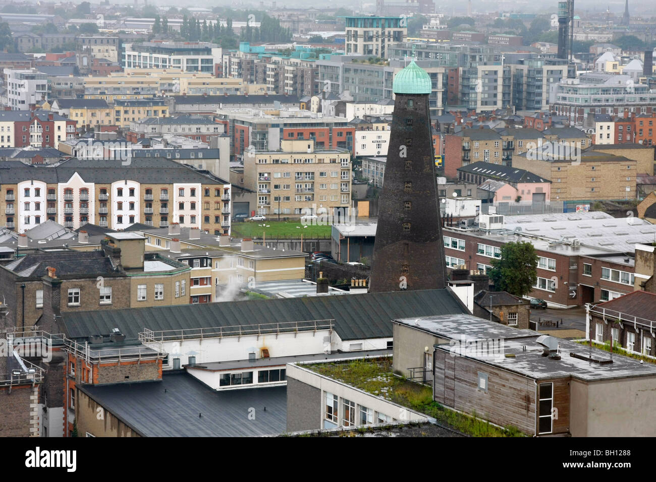 A view of Dublin from the Guinness factory, with St George's tower - a former Guinness windmill. Stock Photo