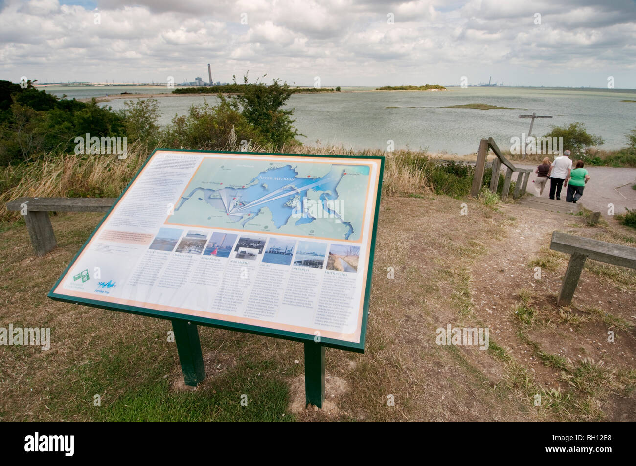 Viewpoint and information board, overlooking River Medway, Riverside Country Park, Gillingham, Kent, England. Stock Photo