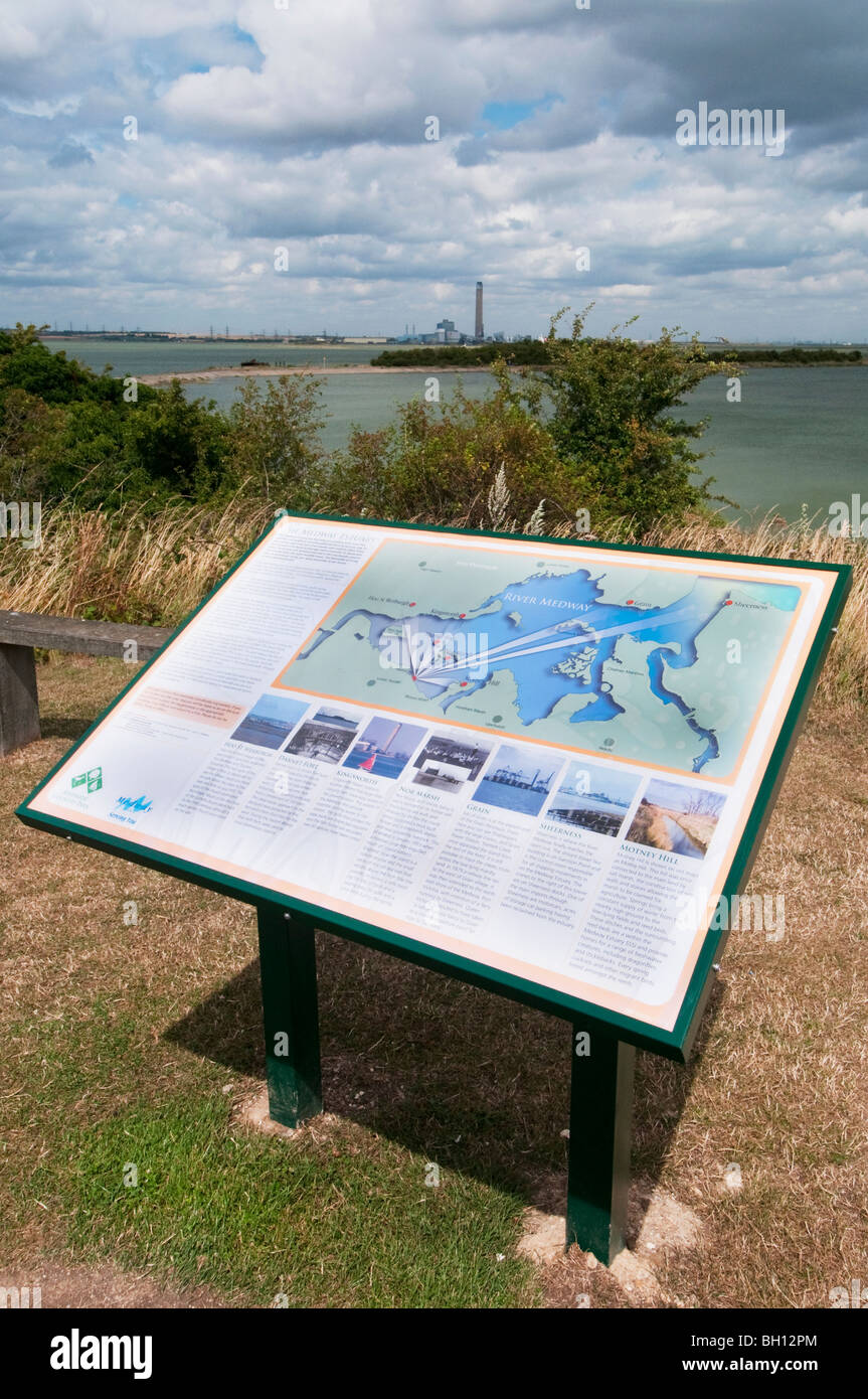 Viewpoint and information board, overlooking River Medway, Riverside Country Park, Gillingham, Kent, England. Stock Photo