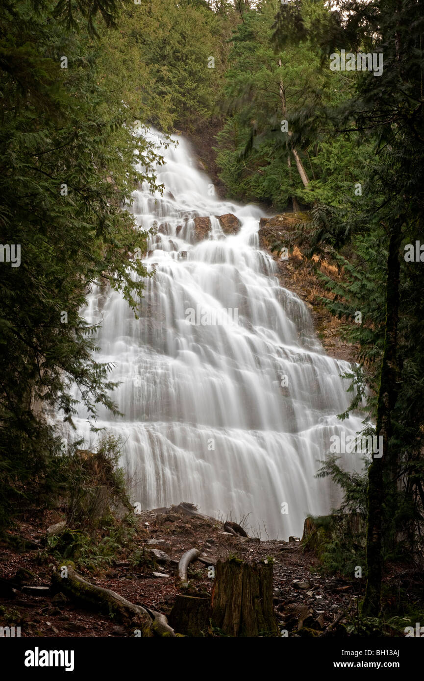 Beautiful Bridal Falls waterfall located near Chilliwack, British Columbia in the Fraser Valley. The falls drop 400 feet. Stock Photo