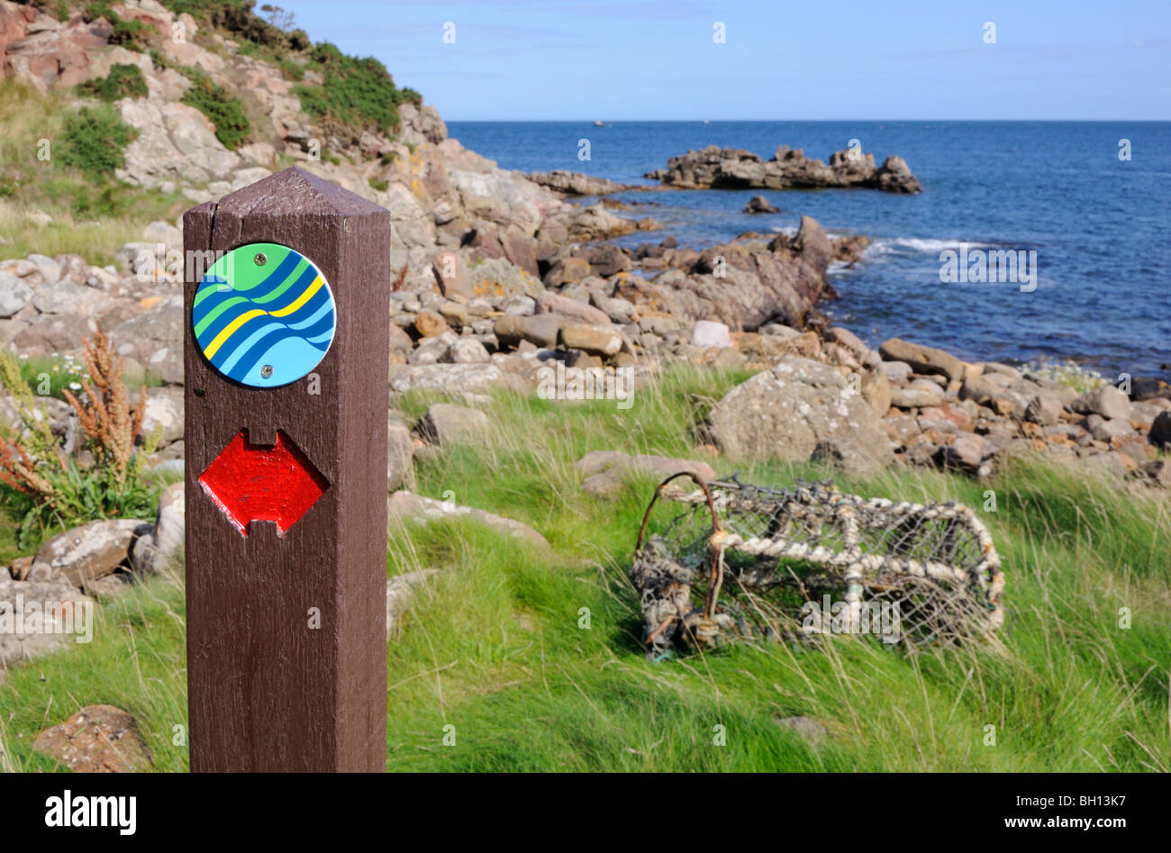Signpost for the Fife Coastal Path, Kilminning Coast Wildlife Reserve, Fife, Scotland, UK. Stock Photo
