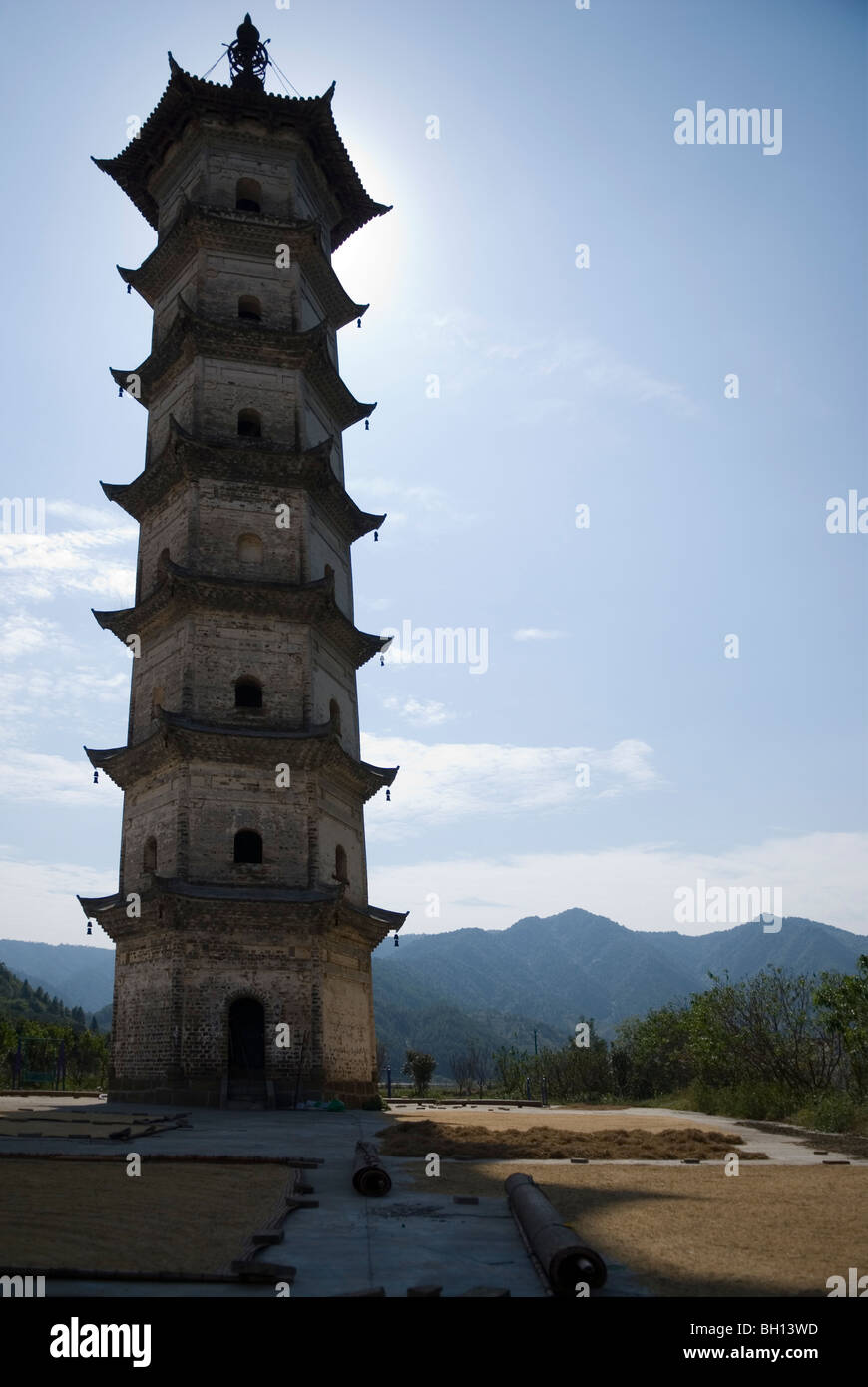 Old multi tiered pagoda in the village of Zheyuan. Jiangxi province Wuyan county. China Stock Photo