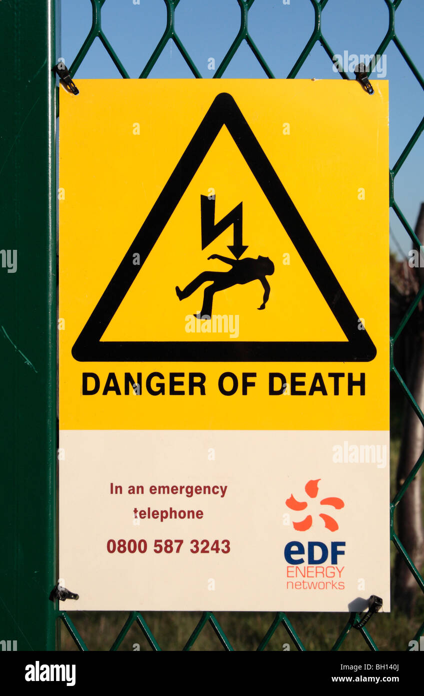 A warning sign outside an electricity sub station, Shepperton, UK. Stock Photo