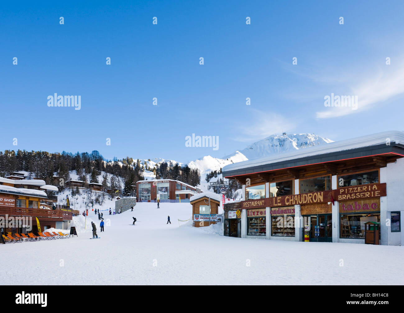 Bottom of the slopes in La Plagne Centre,Tarentaise, Savoie, France Stock Photo