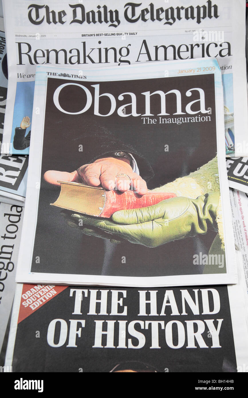 British newspapers headlines from 21st January 2009 of the inauguration of America's 44th President, Barack Obama. Stock Photo