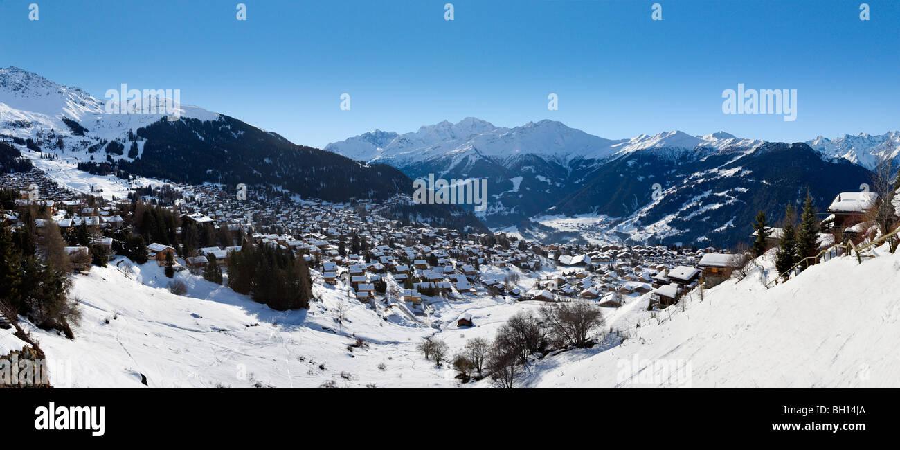 Panoramic view over the resort of Verbier, Valais, Switzerland Stock Photo