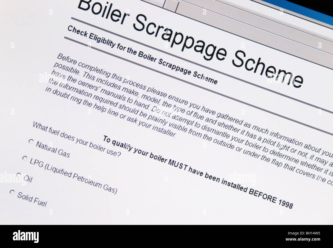 Boiler Scrappage Scheme - online form to check eligibility Stock Photo