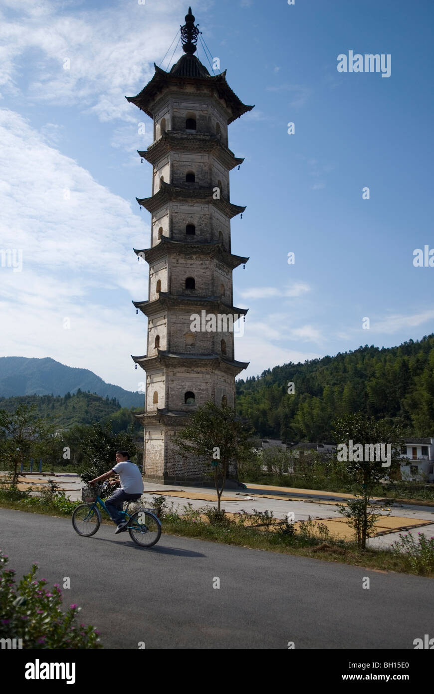 Old multi tiered pagoda in the village of Zheyuan. Jiangxi province Wuyan county. China Stock Photo