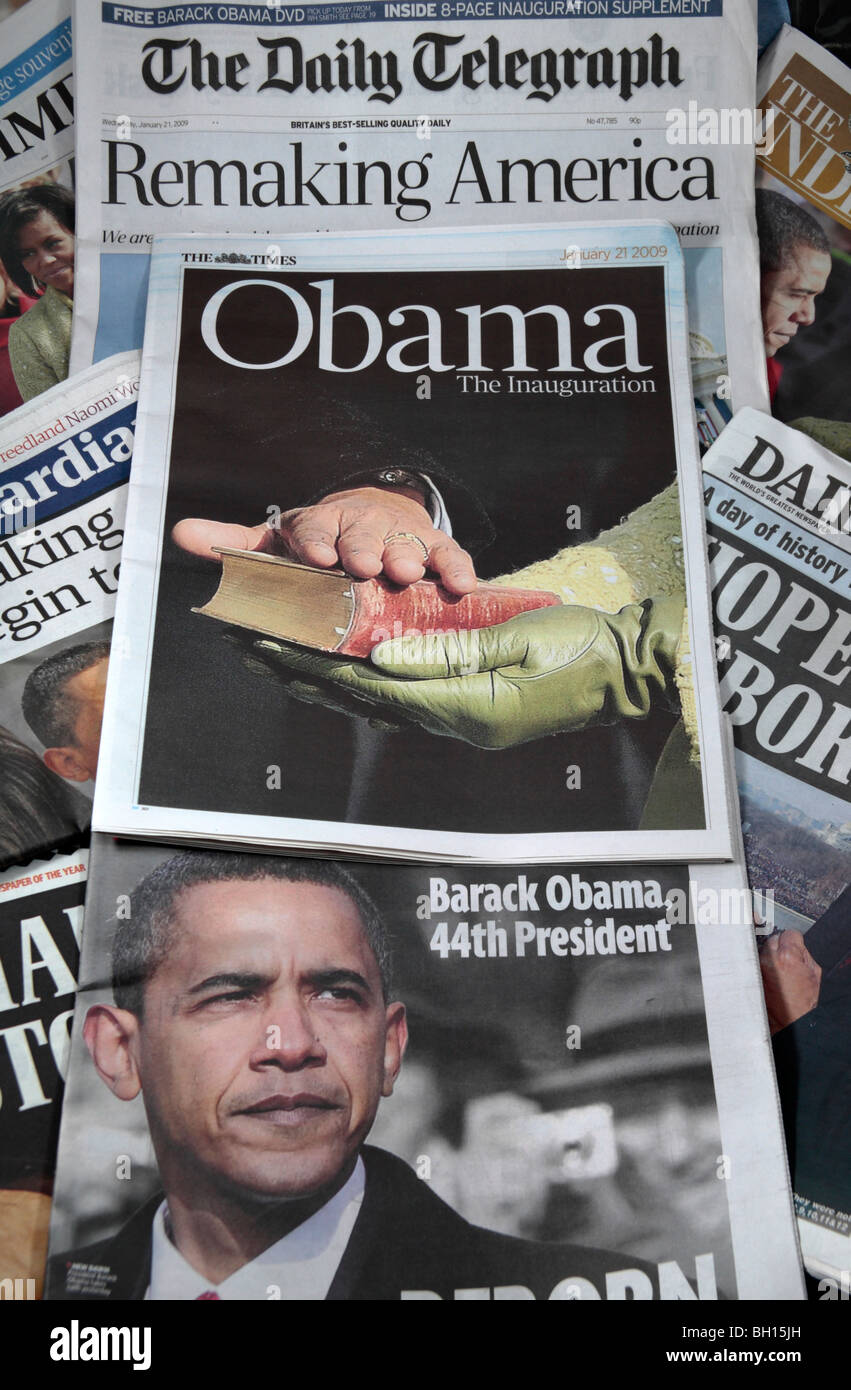 British newspapers headlines from 21st January 2009 of the inauguration of America's 44th President, Barack Obama. Stock Photo