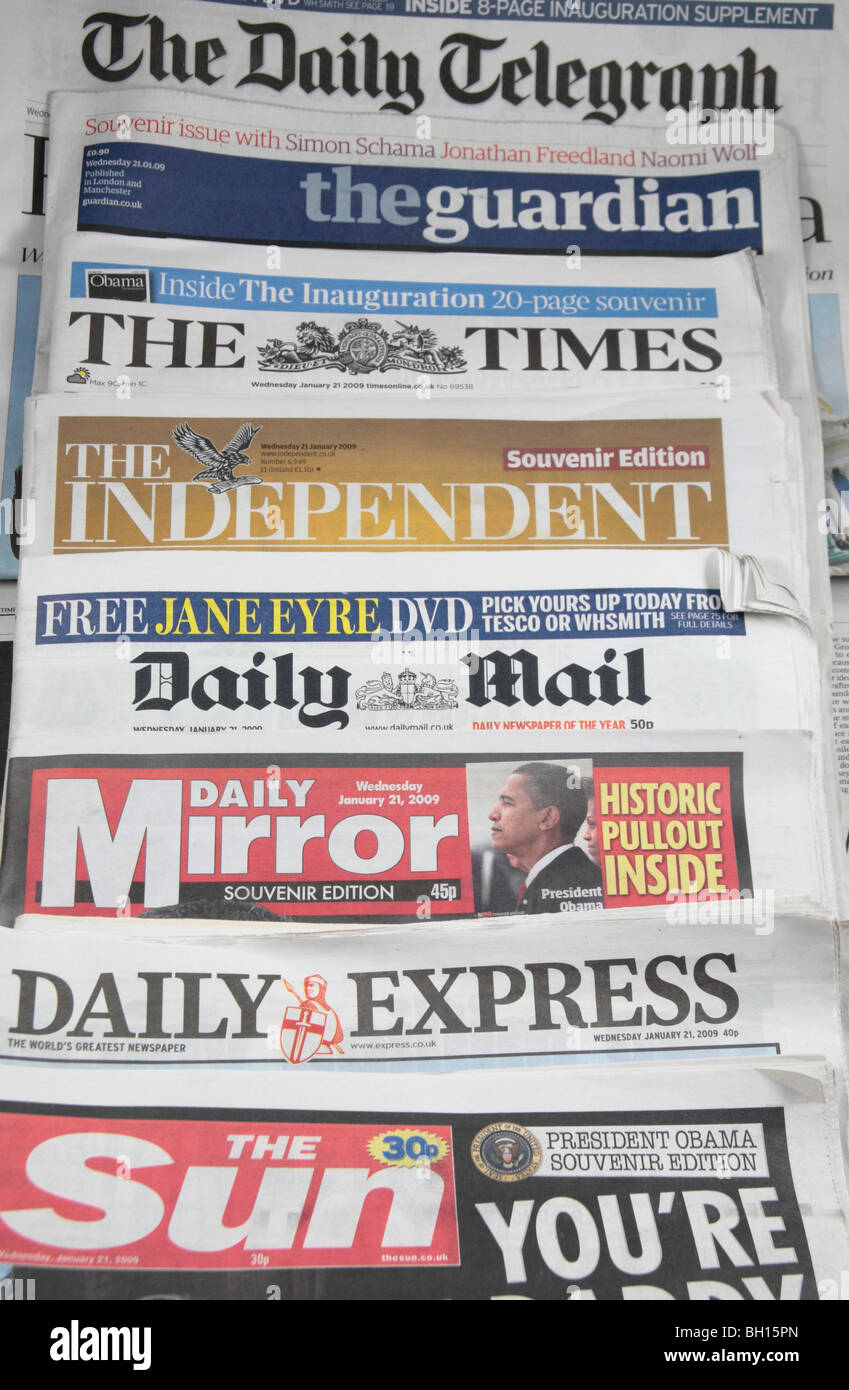 Layout showing a selection of British newspapers mastheads, London, UK, January 2009. Stock Photo