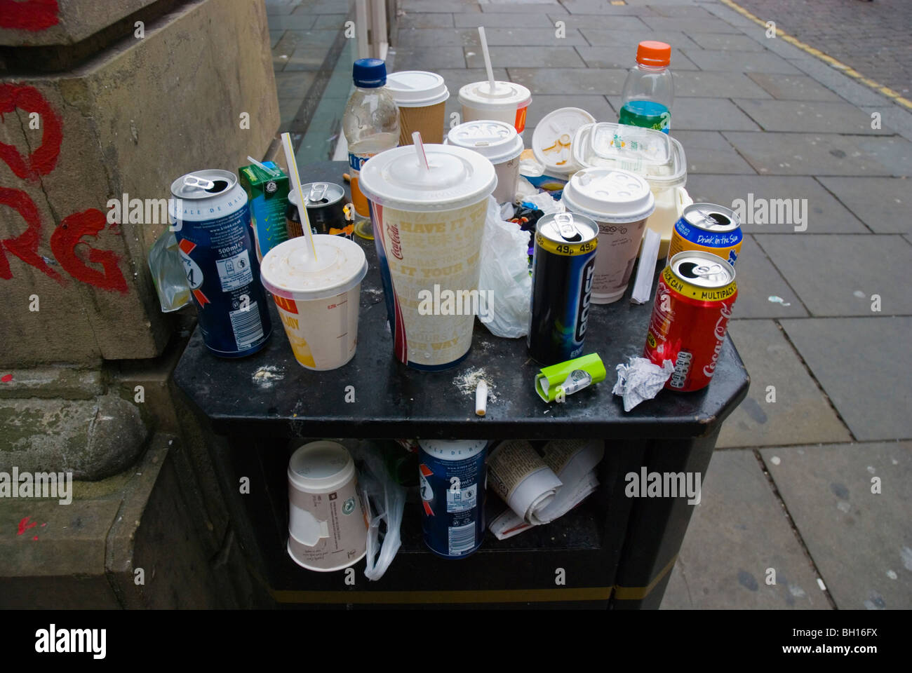 Litter in form of cans and other drink containers the Ropewalks area Liverpool England UK Europe Stock Photo