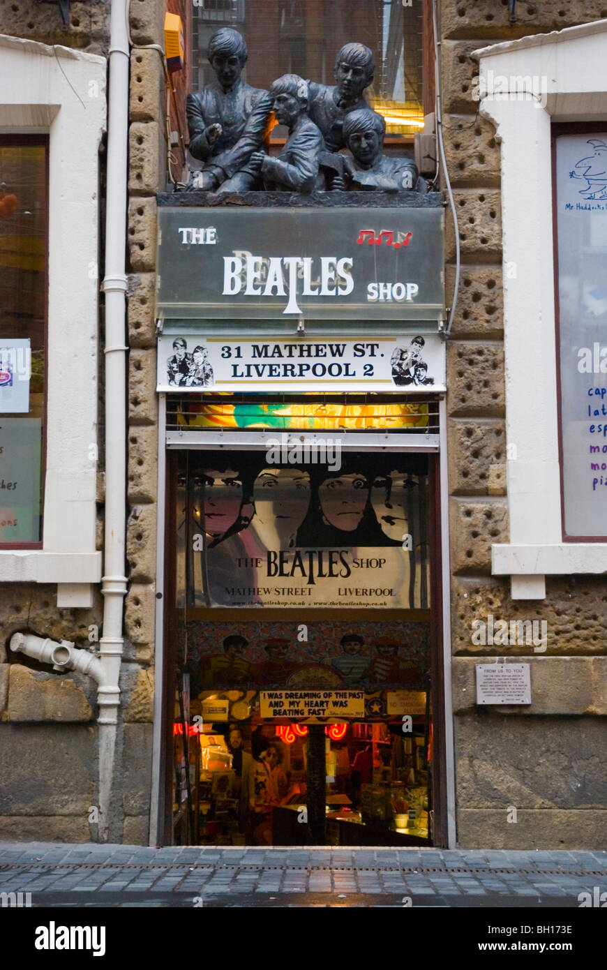 Beatles Shop Mathew Street Cavern Quarter central Liverpool Merseyside England UK Europe Stock Photo