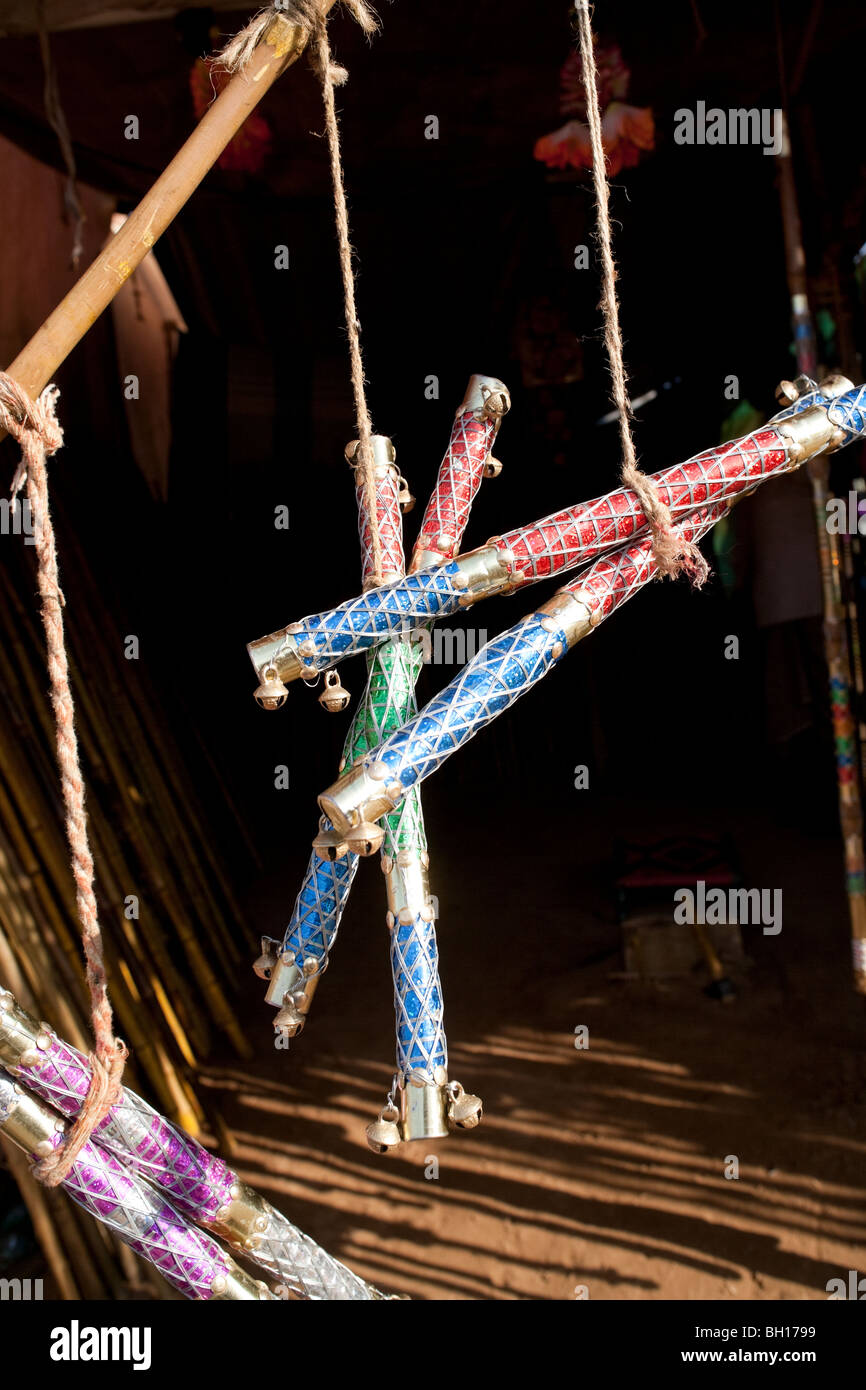 Decorative sticks which are used to play Dandiya Raas a Traditional Dance in India  made from bamboo at Pushkar Fair. Stock Photo