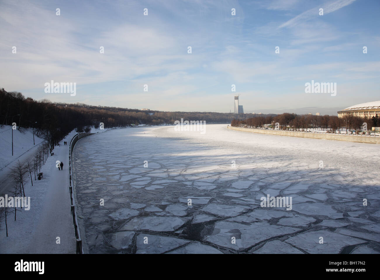 Winter river in the city. Moscow, Russia, embankment of the Moskva River, Luzhniki. Stock Photo