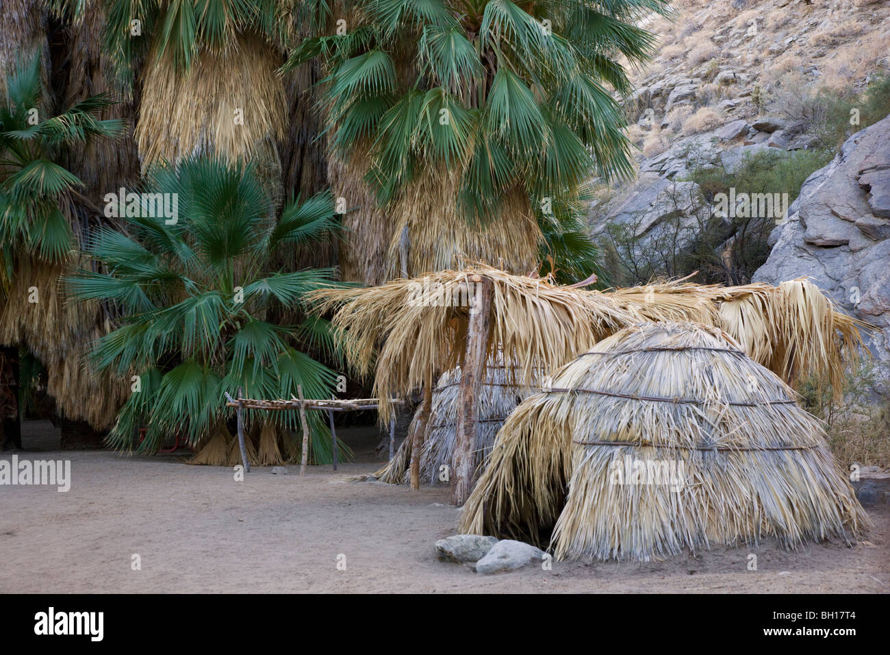 Indian dwellings, Palm Canyon, part of the Indian Canyons in the Agua Caliente Indian Reservation, near Palm Springs, California Stock Photo