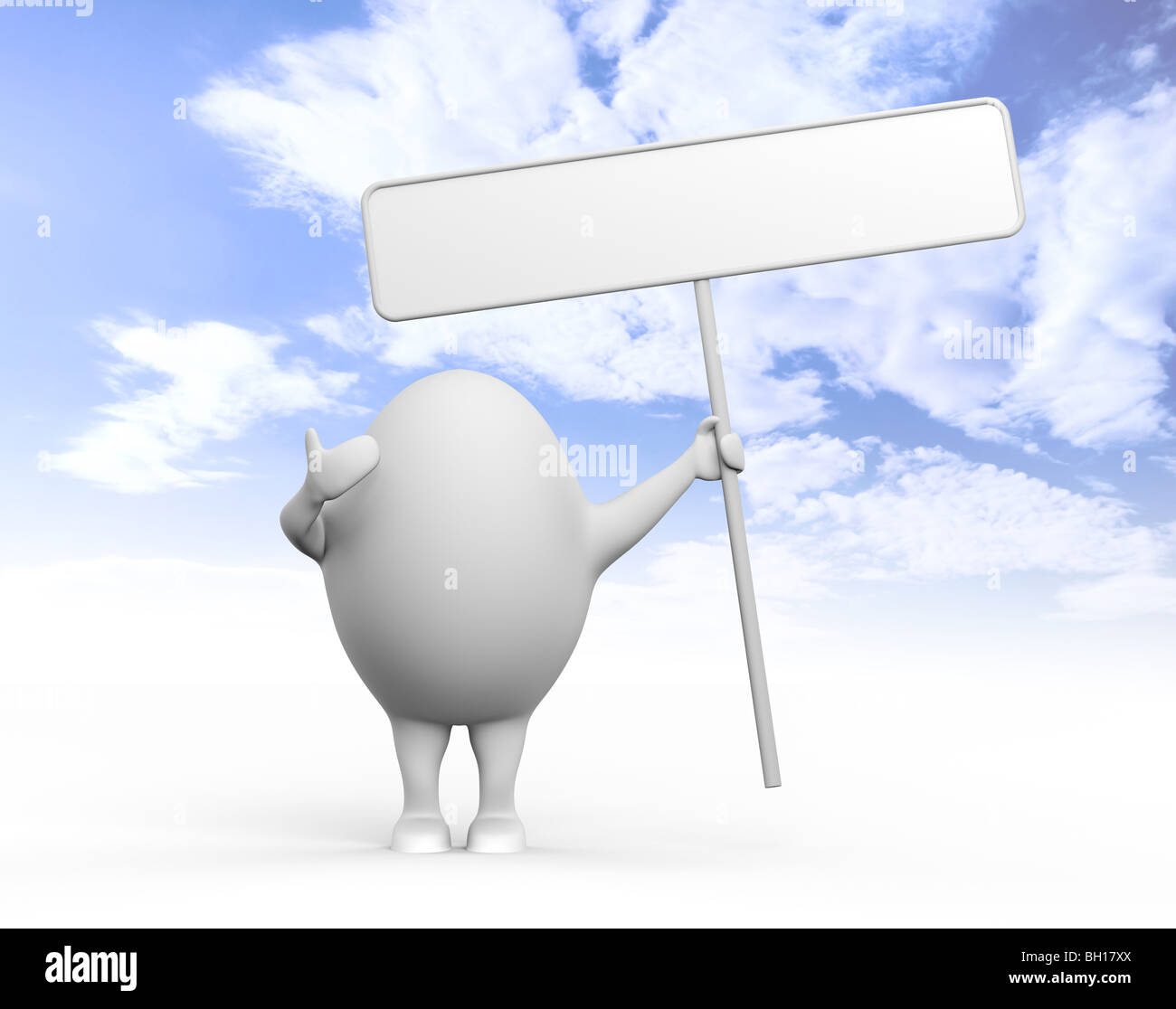 3D illustration of a cartoon egghead character holding a blank sign under blue sky Stock Photo