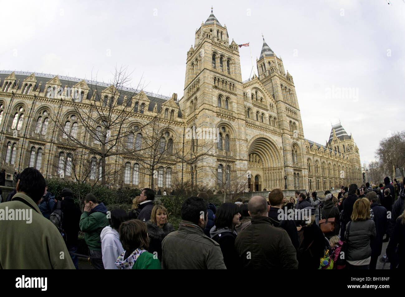 Crowds queue for entry to the Natural History Museum, Cromwell Road