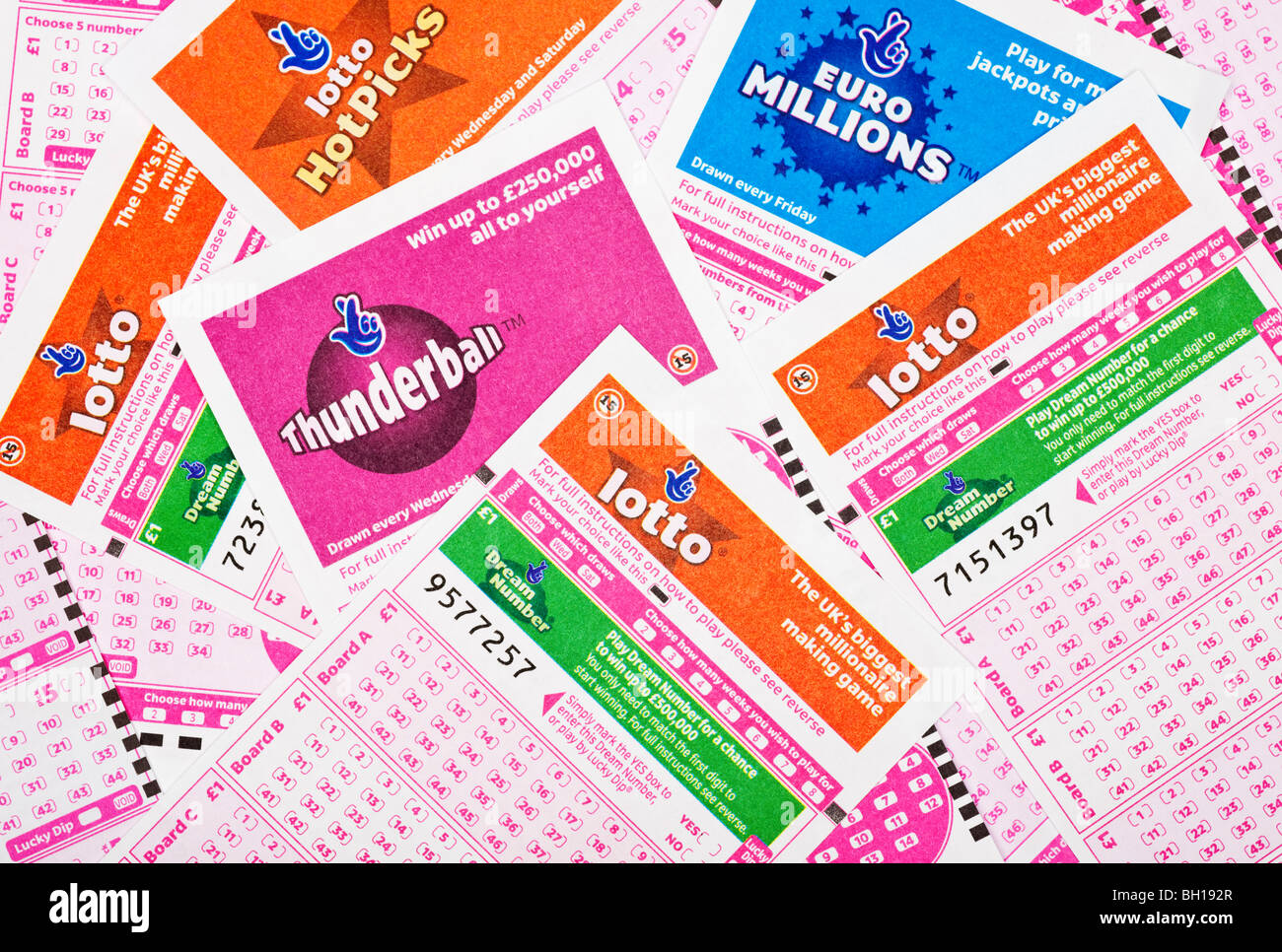 UK National Lottery Game cards, slips Stock Photo