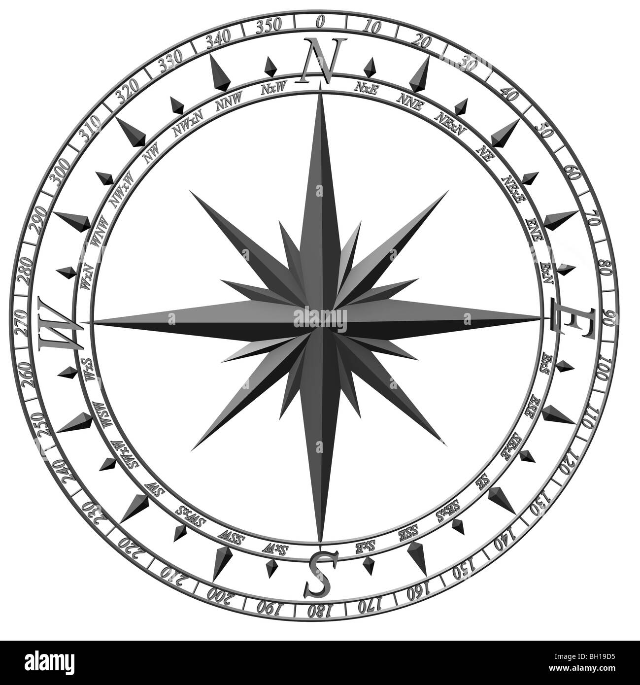 3d illustration of compass rose showing the four cardinal directions, the four intercardinal directions, and eight more divisions. Cut out. Stock Photo